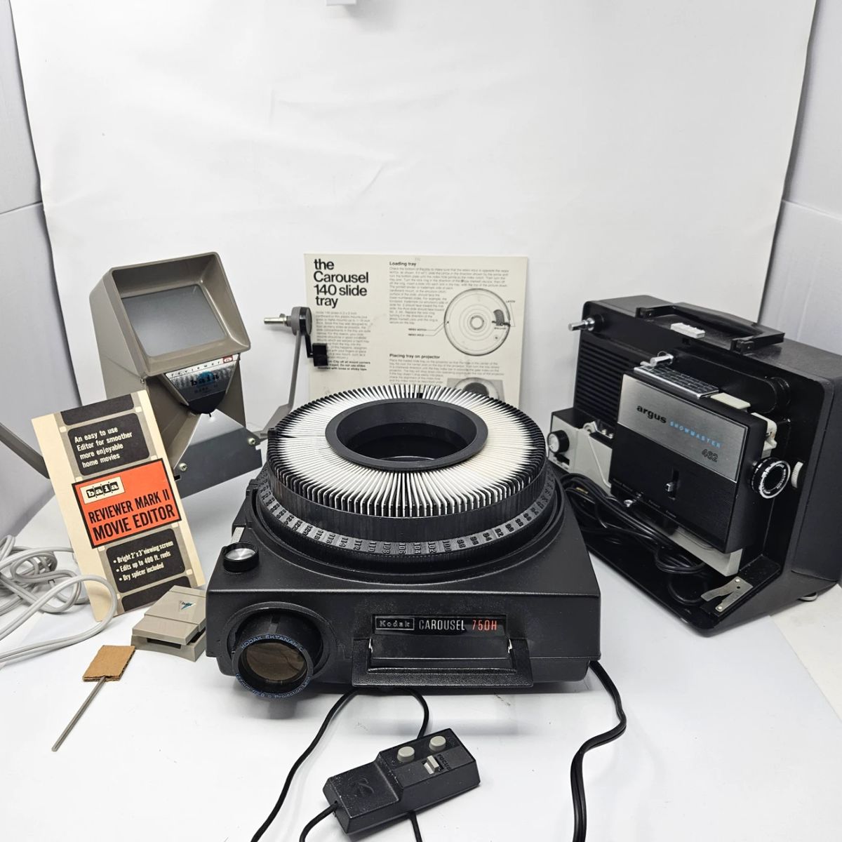 Vintage Kodak Carousel 750H Slide Projector, Argus Showmaster 462 8mm Movie Projector & Baia Reviewer Mark II Editor