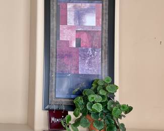 Framed Abstract Wall Art Geometric Print Purple Black Gray with Faux Green Plant and Memories Photo Album Stand
