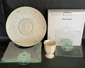 Prima Donna Embossed Passover Seder Plate White Glass Matzah Tray Set and More