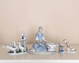 Vintage Porcelain Ladro Figurine Kneeling Woman in Blue Dress, plus other similar Figurine