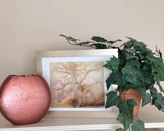 Copper Hammered Metal Vase- Modern Round Decorative Art Vase, Wall Art & Faux Plant