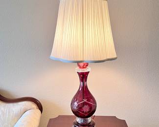 Antique Czech Republic Bohemian Cut to Clear Etched Floral Cranberry Glass Table Lamp with Cream Pleated Shade