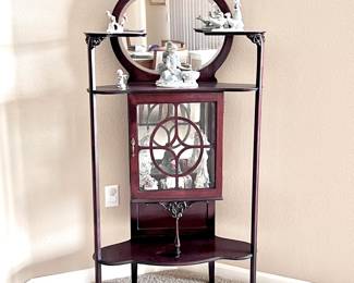 Antique Mahogany Corner Display Cabinet with Round Mirror and Glass Door-Etagere