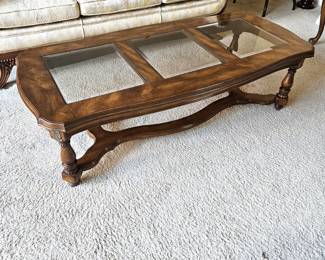 Vintage French Provincial Coffee Table w/ 3 Beveled Glass Panels, Carved Accents, 55x26x16