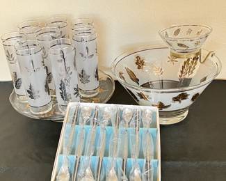 Vintage Libbey Golden Foliage chip and dip set, Drinking Glass Set, Eldan Ice Tea Spoon, Sonata Cake Stand