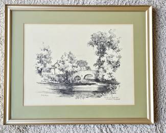  F.M. Rines “Bridge and Trout Inn, Godstow England” Framed Lithograph – 21x17 Gold Frame