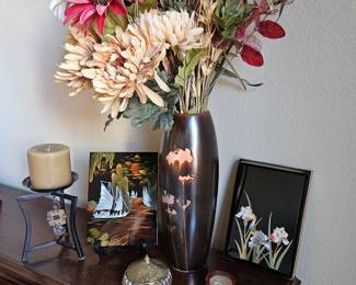 Lot of 5 Vtg Decorative Items Ceramic Floral Vase 12”H, Candle Holder, MOP Inlay Wall Art, Brass Storage Box, More