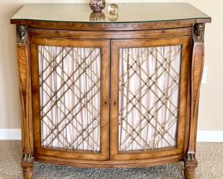  Sophisticated 1950s W. & J. Sloane Cabinet with Two Brass Lattice Doors and a pull-out leather top shelf
