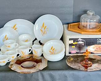  Vintage Fire-King Wheat Pattern White Glass Dinnerware Set- Amber Glass Platters, TWO Wooden Cheese Servers w/ Dome Vintage Wheat Pattern White Ceramic Dinnerware Set with Amber Glass Cake Stand and Serving Plate