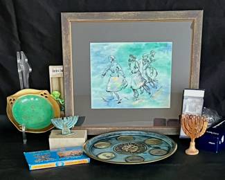  Harold Kushner Watercolor Painting, Vintage Judaic Seder Plate, Mini Brass and Wood Hanukkah Menorah
