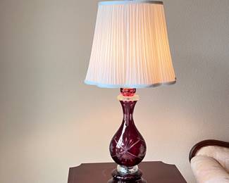 Antique Czech Republic Bohemian Cut to Clear Etched Floral Cranberry Glass Table Lamp with Cream Pleated Shade