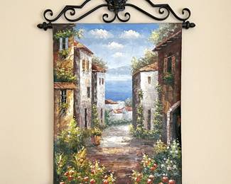 Vintage Scenic Mediterranean Street Oil Painting on Canvas and Signed Marino with Ornate Iron Scroll Hanger