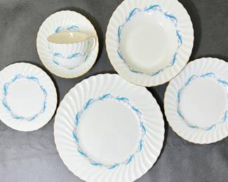  Minton "Downing" Pattern Bone China for 10- "Fife" shape w/ scalloped, gold rim blue scroll and leaf pattern