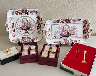 Vintage Mason's Brocade Ironstone Serving Trays with Gold Tone Sugar Spoon and Tongs, Napkin Rings, and Miniature
