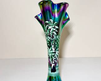 Iridescent Carnival Glass Vase with Hand Painted Birch Tree Art- 12" Tall Decorative Art Glass