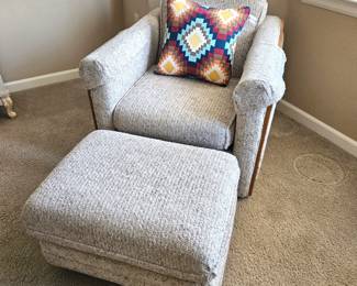 Vintage 1970s Norwalk Armchair & Ottoman on Casters – Mid Century Modern Lounge Chair, Off White Textured Fabric,