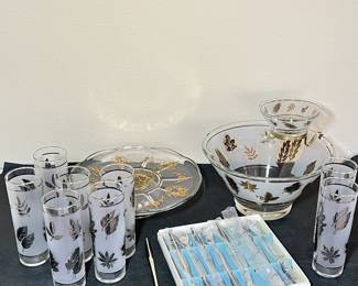 Vintage Libbey Golden Foliage chip and dip set, Drinking Glass Set, Eldan Ice Tea Spoon, Sonata Cake Stand