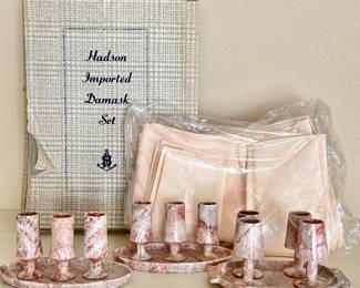 Vintage Madison Damask Tablecloth and Pink Marble Miniature Goblet Set with Trays Collectible