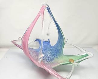 LR Lot #12 - Murano Glass Basket Sculpture – Pink Green Blue Swirl Sommerso Art Glass Italy 12"