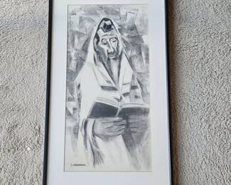 -I. Abramofsky Framed Charcoal Drawing Print – Religious Cubist Portrait – 21x37 Art Wall Decor