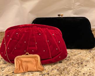 Antique Red Velvet Embellished Evening Clutch with Gold Satin Coin Bag, and A Black Velvet Clutch w/ Kissing Clasp