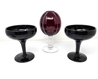 Vtg Cambridge Carmen Ruby Red Keyhole Stem Ivy Ball Vase 8" + 2 Black Footed Champagne Glasses