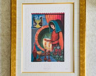 Signed Judaica Art Print Woman Lighting Candles Hebrew Letters Framed