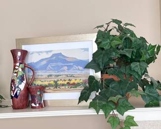 Framed Landscape Print in Silver Metallic Frame, Decorative Vase and Matching Small Cup Set- Artificial Ivy Plant