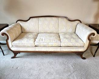 Victorian Empire Revival Carved Wood Sofa – Antique Cream Floral Upholstered Couch, 3 Seater 76"L