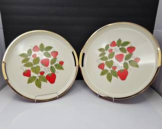  2 Vintage 1970s Melamine Serving Trays w/ Handles – Strawberry Gold Rim Design – 12.5” & 13.5” – NIB