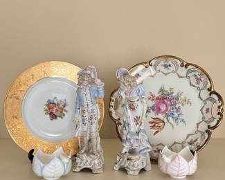 Vintage Rococo Style Bone China Floral Porcelain Plates and Figurines Pair Blue Pink Bird Bowls
