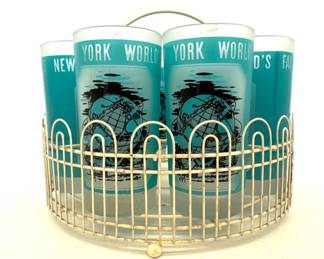 Set of 8 New York World's Fair 1964-65 Unisphere souvenir glasses with caddy
