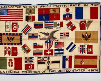 1876 US Centennial Exhibition tea towel with participating nations' flags