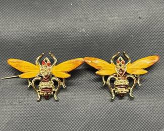 2-Vintage Enameled Bee Brooches w/ Red Eyes