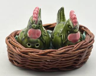 Ceramic Chickens in Basket Salt & Pepper Shakers