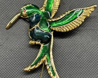 Vintage Enameled Green Hummingbird Brooch