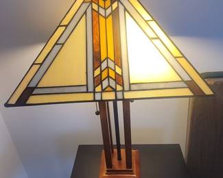 Mission style stained glass and wood lamp, 2 available
