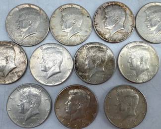 Lot of 11 1964 USA Kennedy Half Dollars; 90% silver