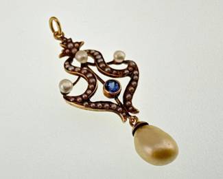 Victorian 14kt bezel set sapphire, pearl pendant