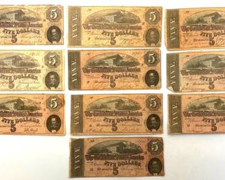 Lot of 10 $5.00 notes dated 1864 Richmond