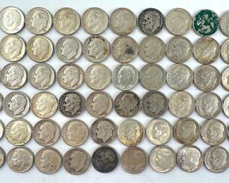 Lot of 60 USA Roosevelt dimes PRE-1965; 90% silver