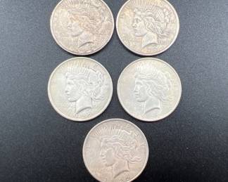 Lot of 5 1922 USA Peace Dollars - 90% silver