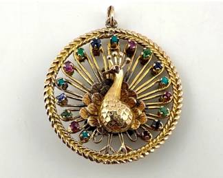 14kt mixed gemstone peacock pendant