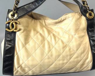 Chanel quilted beige and black shoulder tote bag