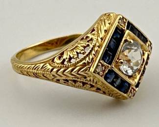 14kt diamond, sapphire filigree ring