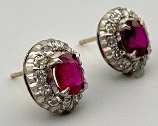 Antique platinum, 14kt oval ruby with diamond halo stud earrings