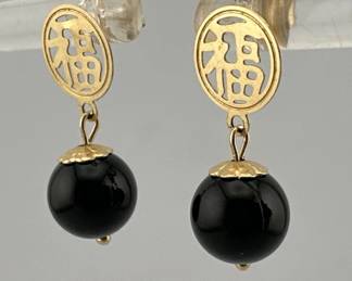 Onyx bead drop 14kt Asian earrings