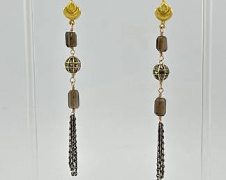 Dangle earrings with 18kt gold ear wires, smoky quartz, black diamonds and sterling