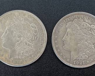 Lot of 2 1921 USA Morgan Dollars - 90% silver