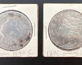 Lot of 2 USA Morgan Dollar coins; 1890 and 1896 - 90% silver
